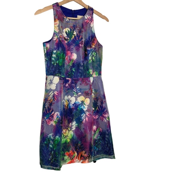 Aidan By Aidan Mattox Mesh Multi Color Floral Print A-line Dress w/ Pockets Sz 6 - Picture 2 of 8
